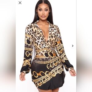 Leopard & Chain Print Button-Front Dress - Black/Gold